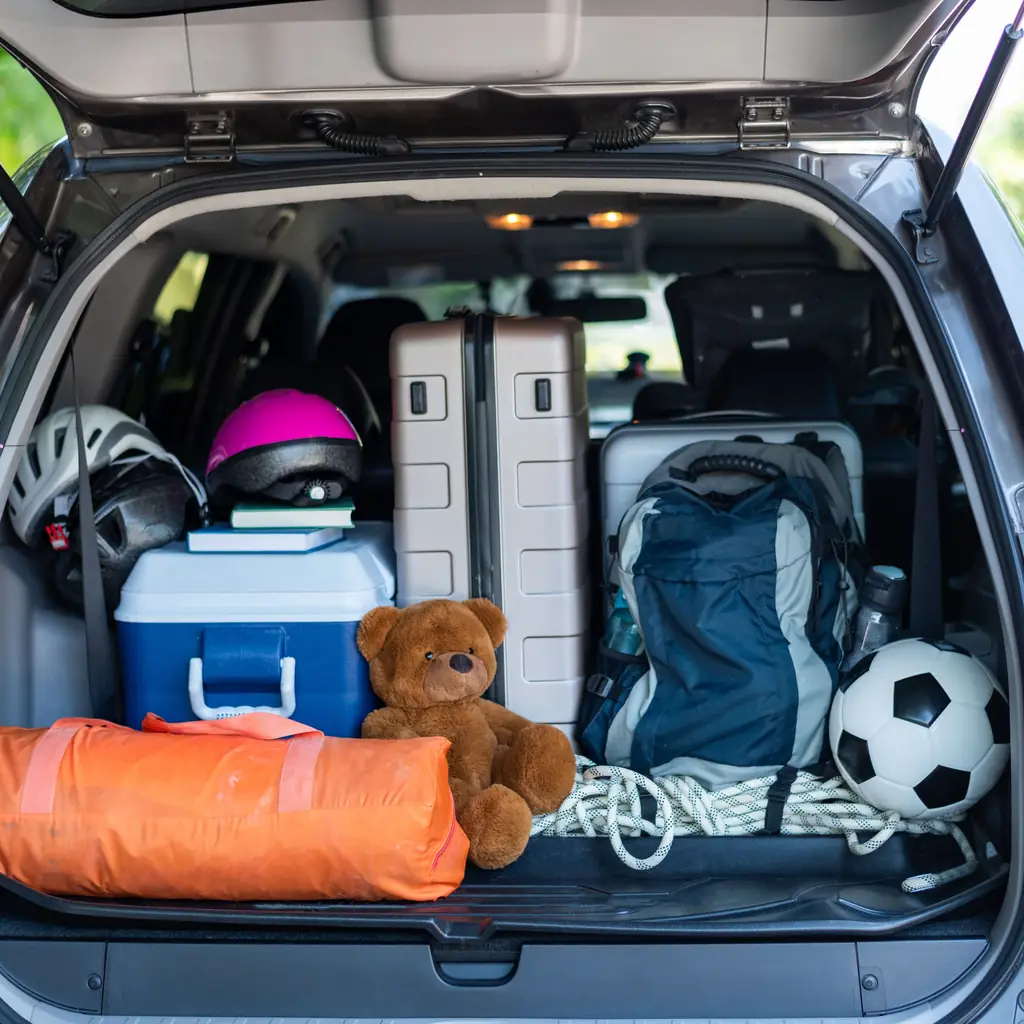 An open cargo area packed with suitcases, bags and a cooler.