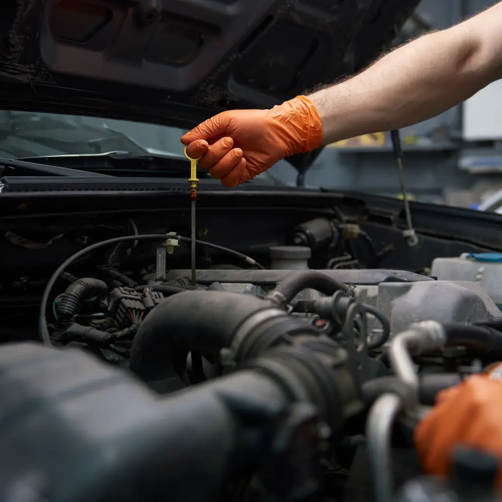 A mechanic checking an engine oil dipstick under an open hood.