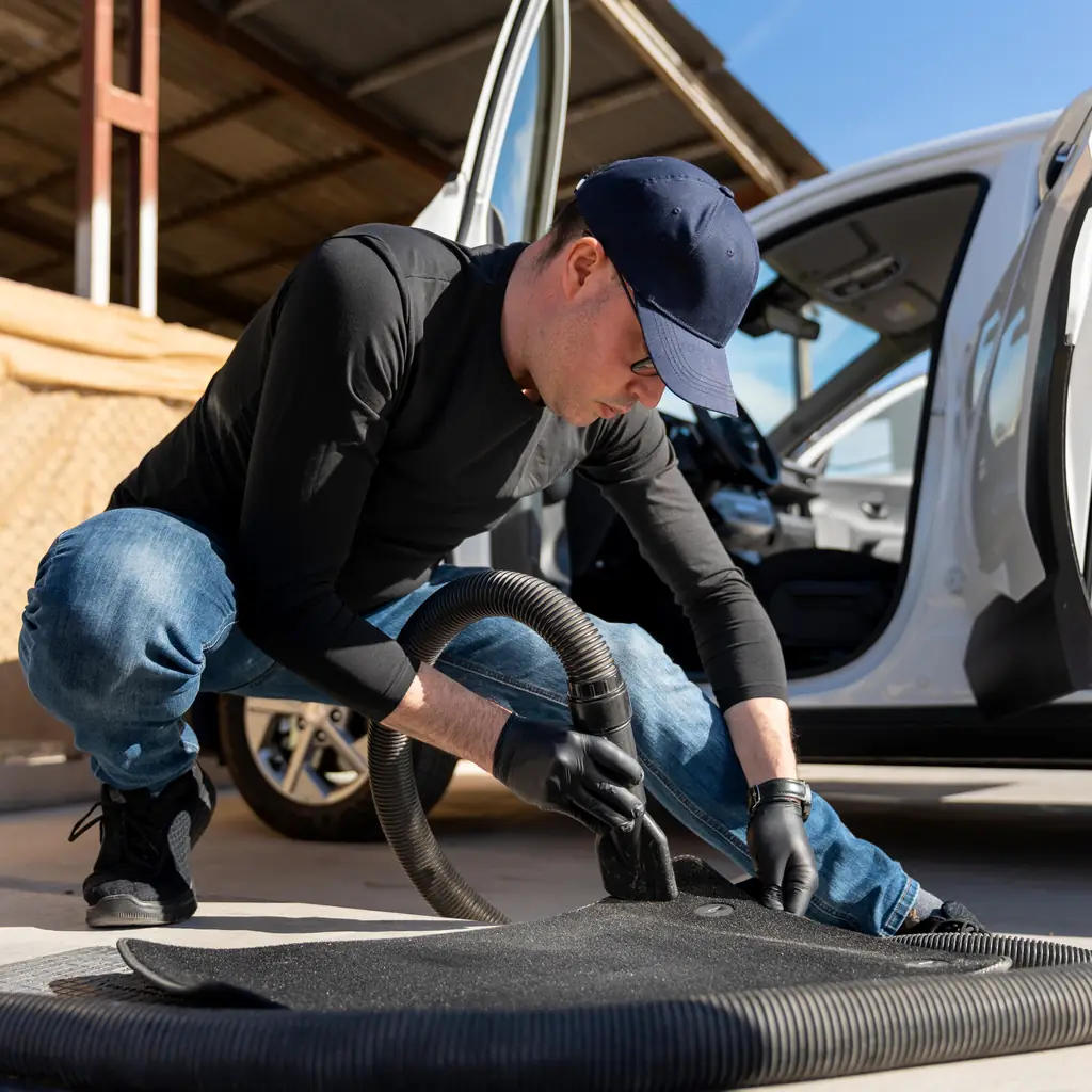 A detailer vacuums a removed car floor mat beside a vehicle.