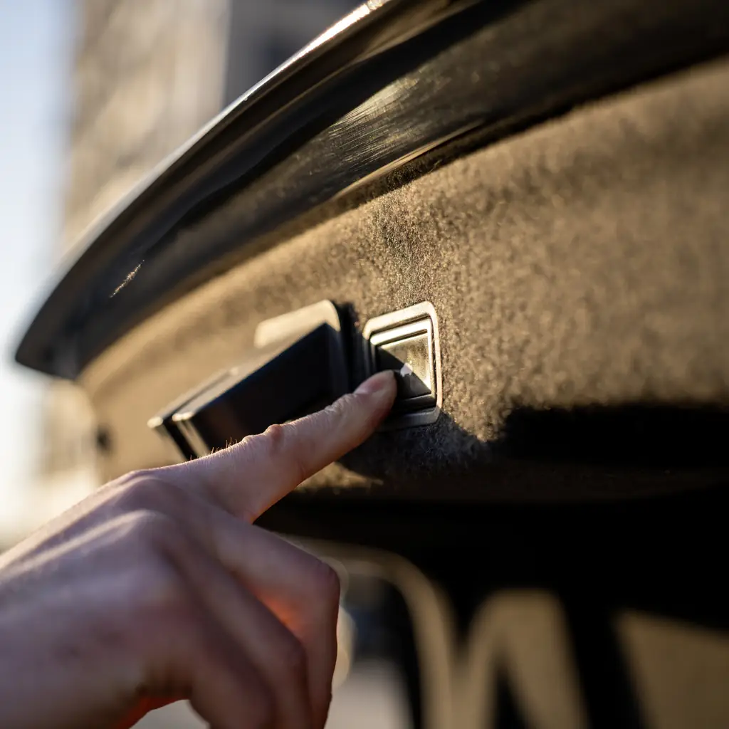 A finger presses a power-tailgate closing button.