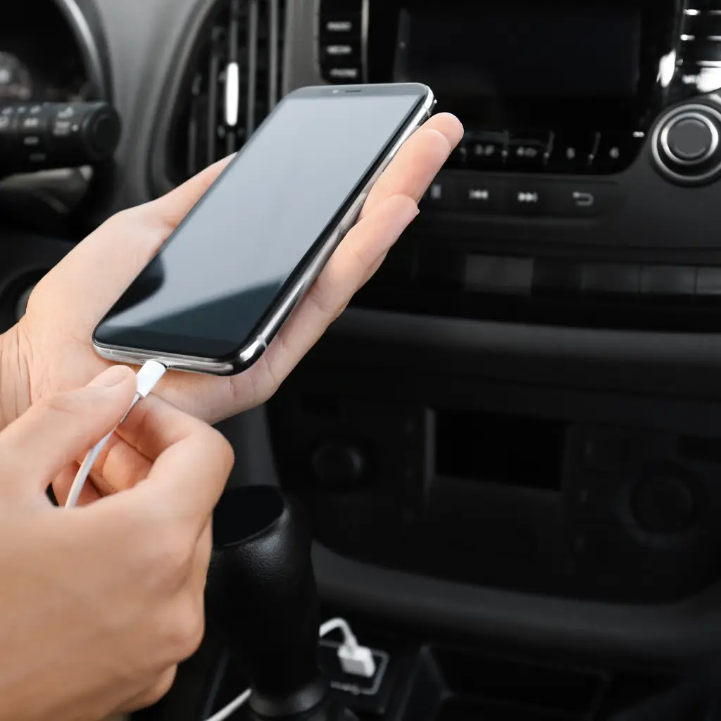 Hands connecting a charging cable to a phone inside a car.
