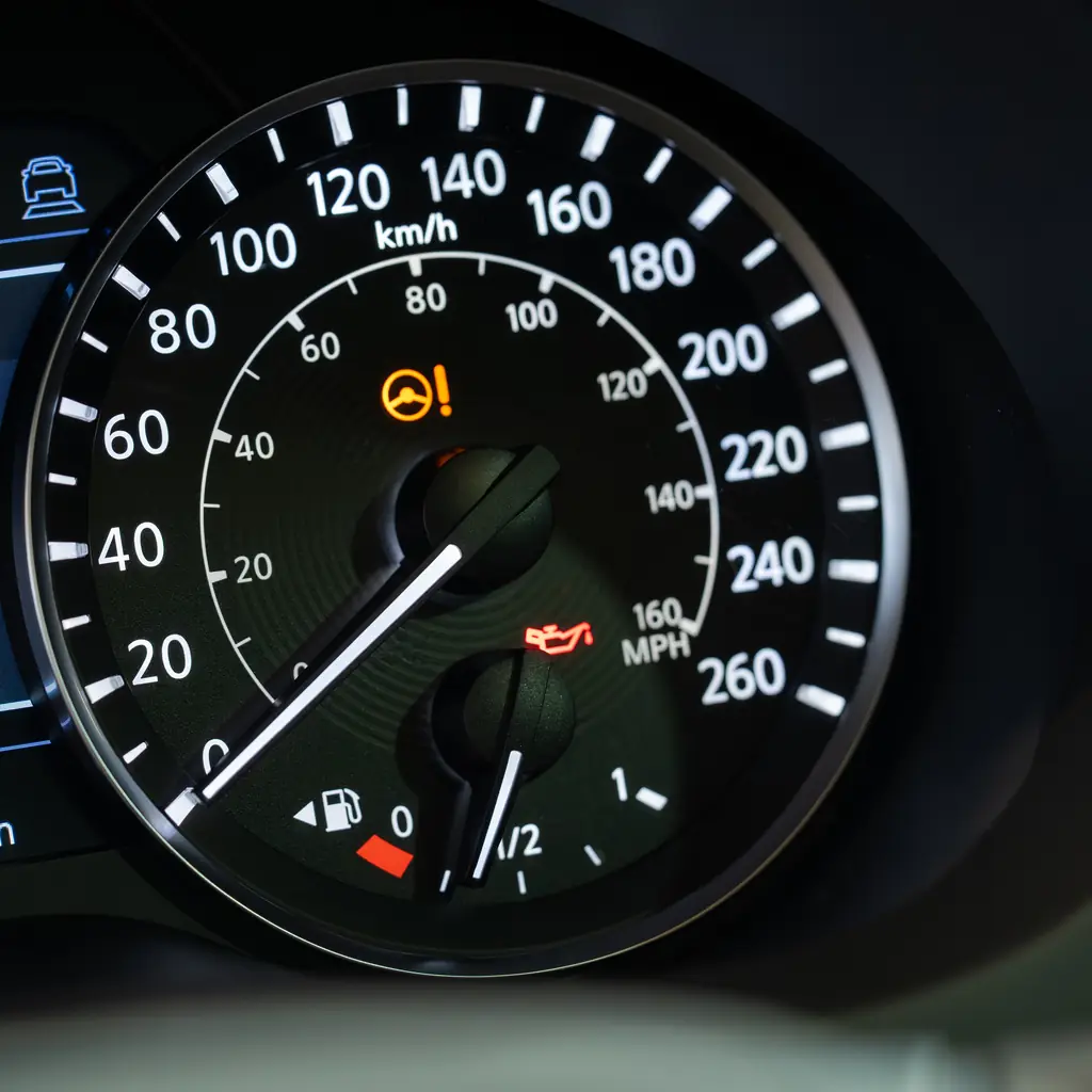An illuminated instrument cluster with an odometer and warning symbols.