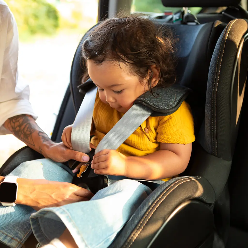 An adult attending to a child seated in a vehicle restraint.