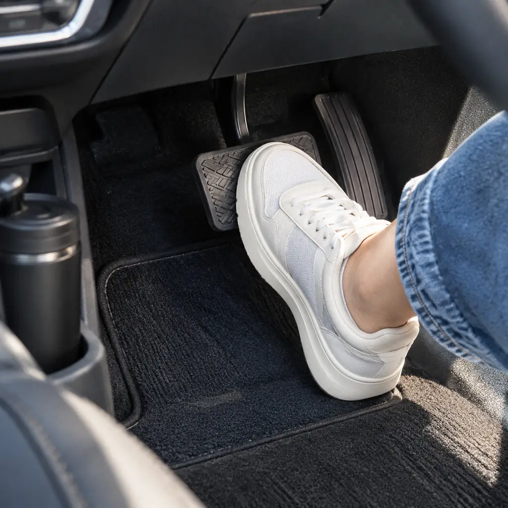 A driver’s foot resting against the brake pedal in a vehicle footwell.