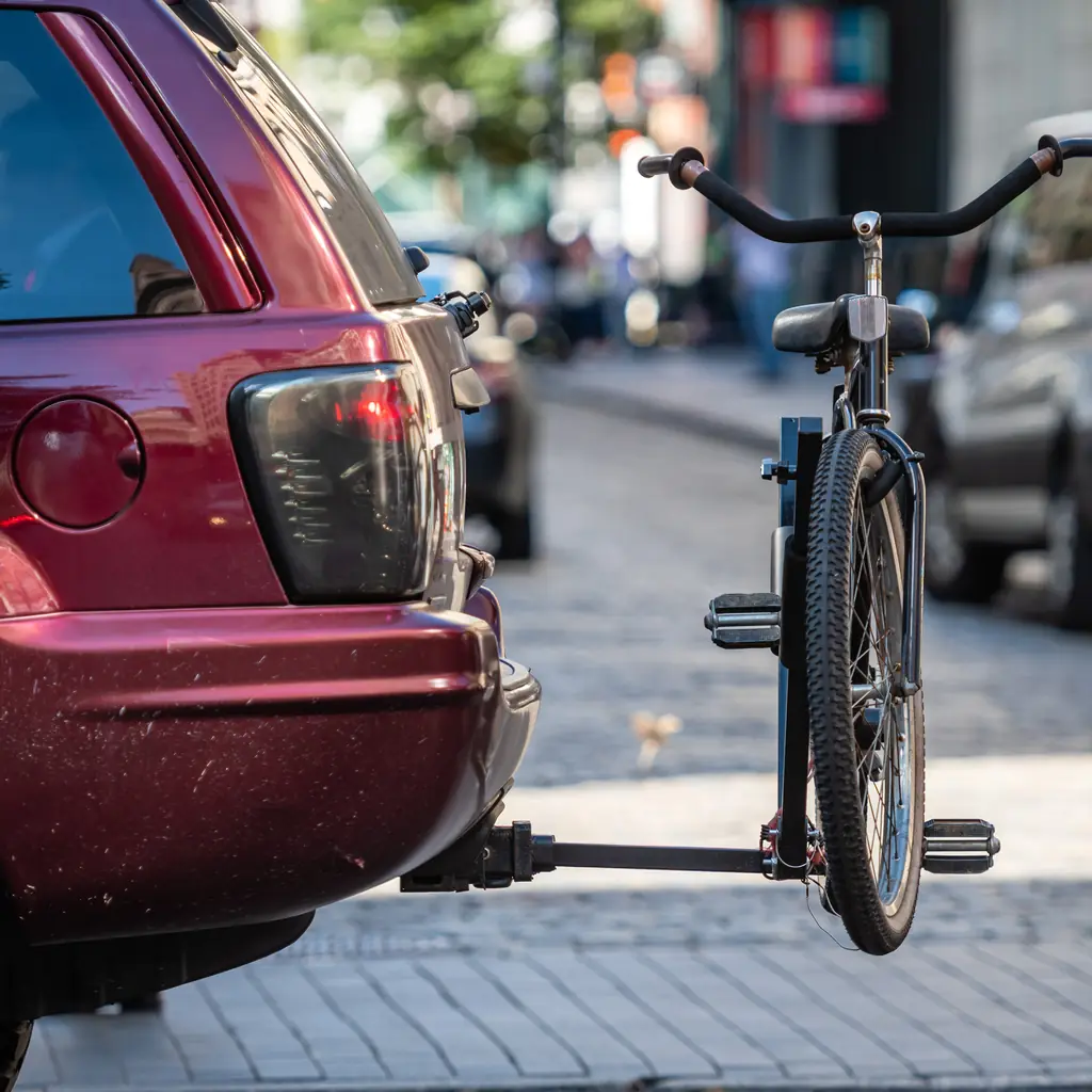 A bicycle carrier mounted behind a vehicle, with its hitch connection visible.