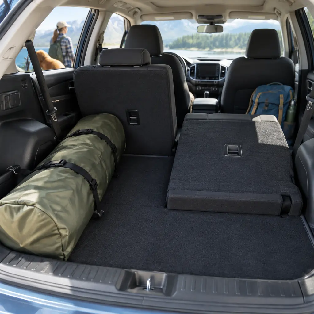 A long soft gear bag beside a partly folded rear seat.