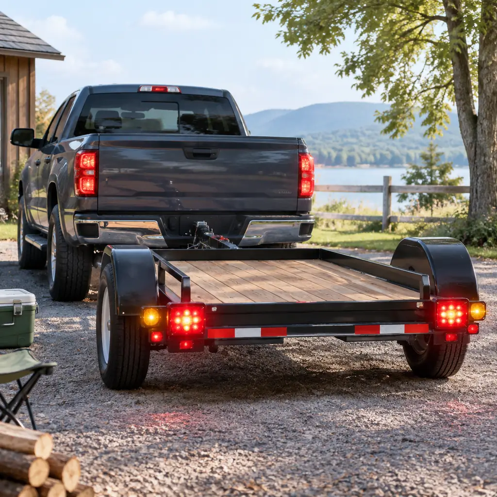 Rear lamps illuminated on a trailer connected to a stationary pickup.