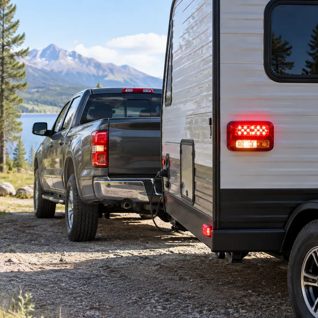 Trailer rear lamps illuminated while connected to parked pickup