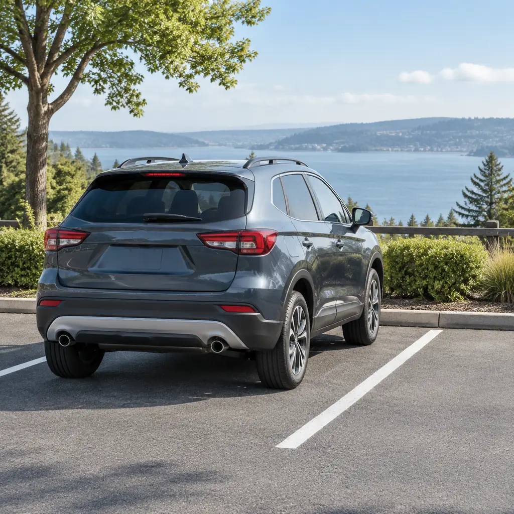 Compact SUV parked within painted lines with clear view behind