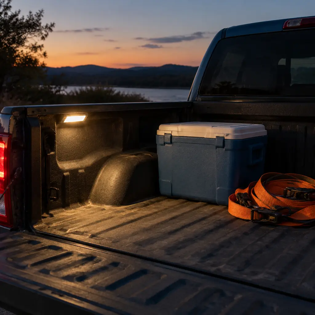 A cooler and straps in a pickup bed lit at dusk.