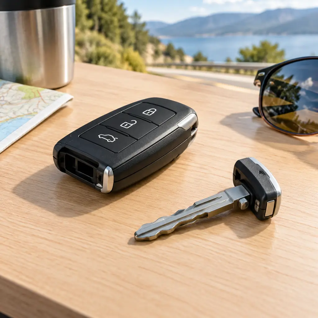 An unbranded vehicle key fob and a separate metal key lie on a wooden table beside travel items.