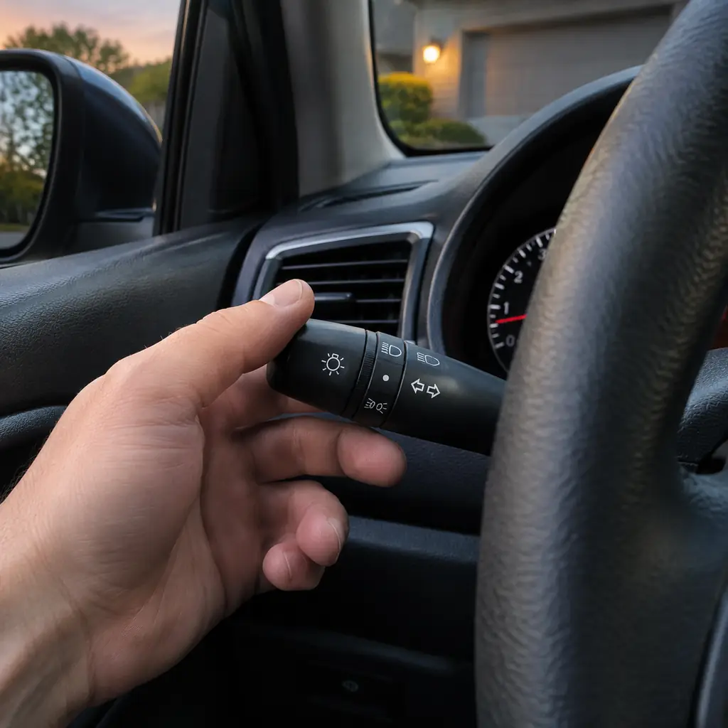 A hand beside the lighting stalk in a parked car.