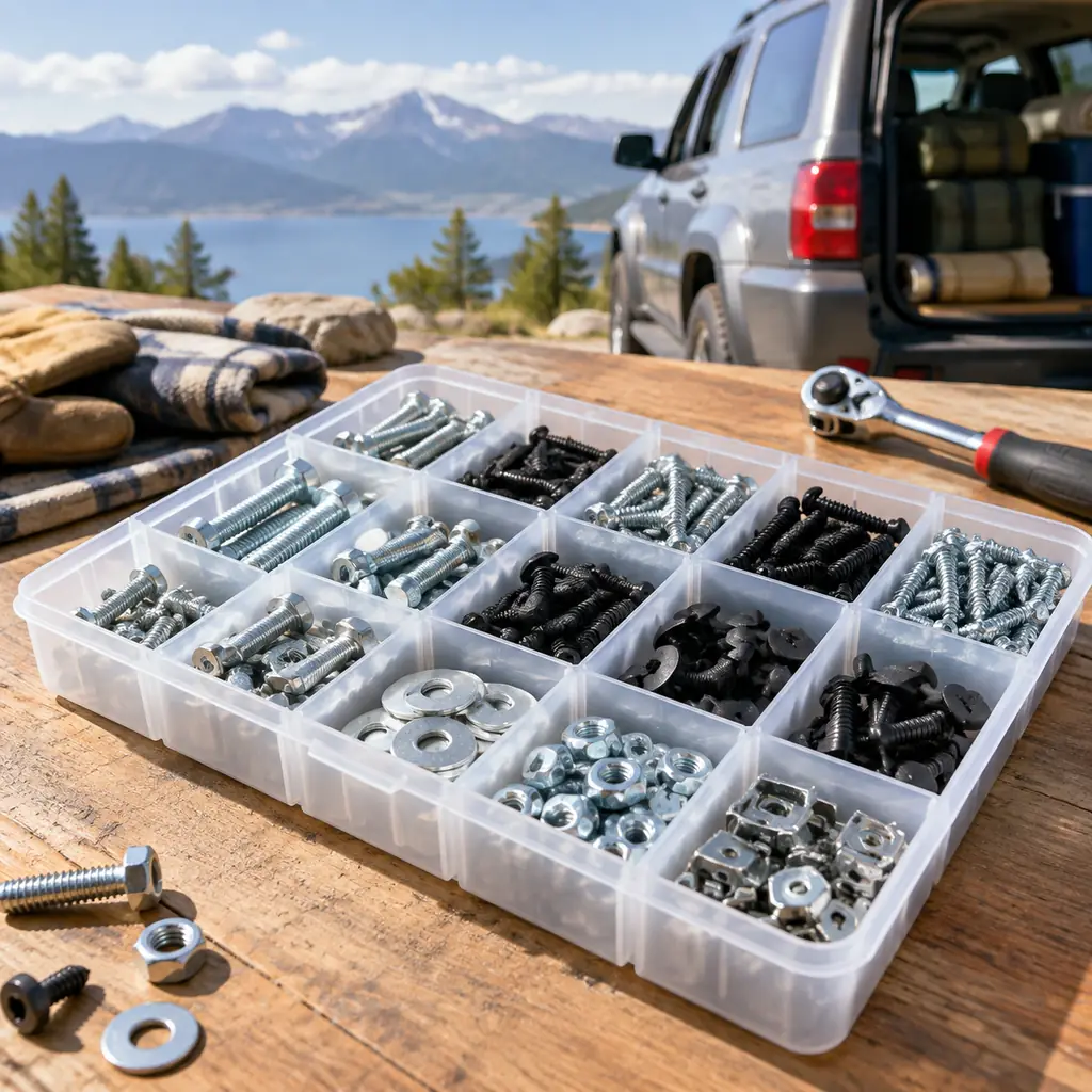 Small vehicle fasteners organized in separate tray on workbench with no readable labels
