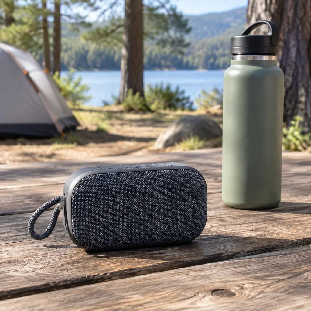 A small portable speaker and a capped water bottle sit on a picnic table near a tent and lake.