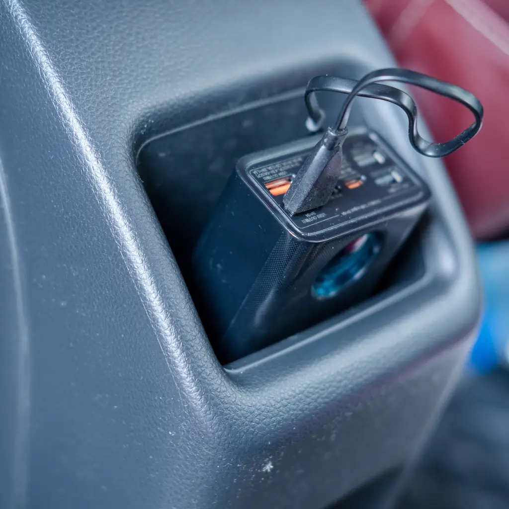 A cable and small electronic accessories in a vehicle console pocket.