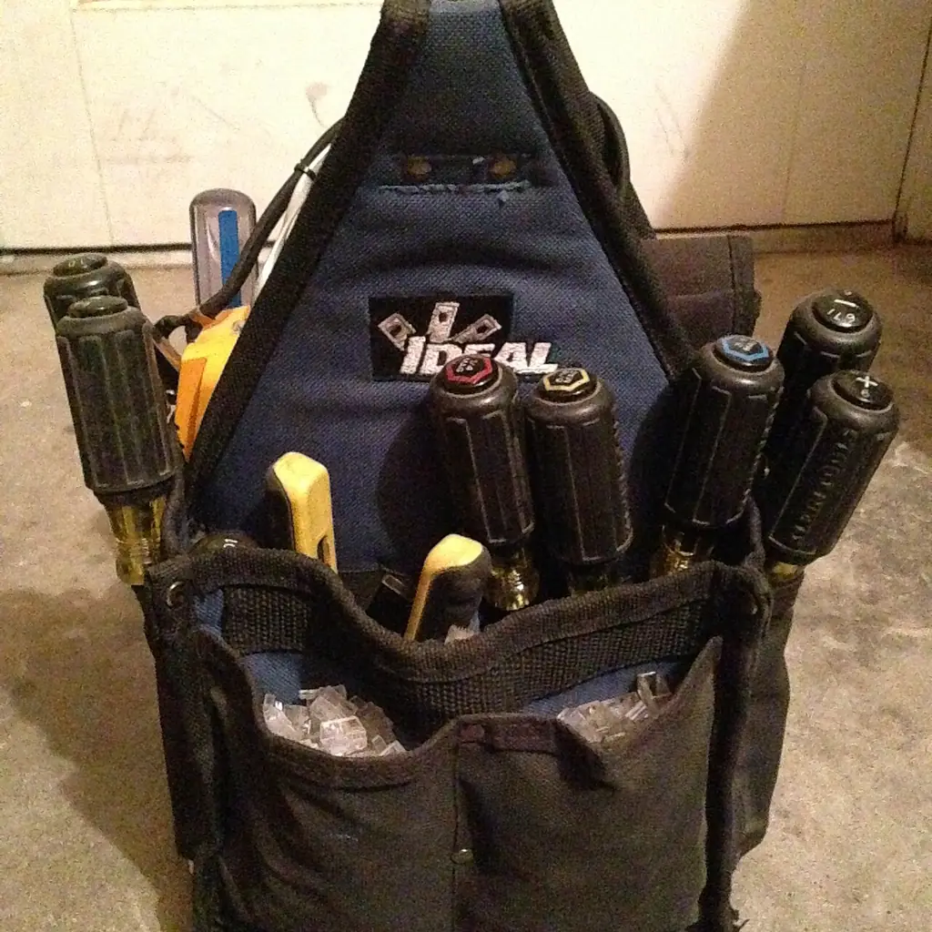 Hand tools organized inside an open equipment bag.