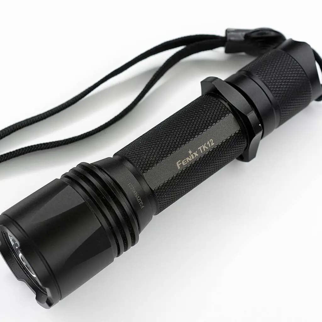 A compact black flashlight with a wrist strap.