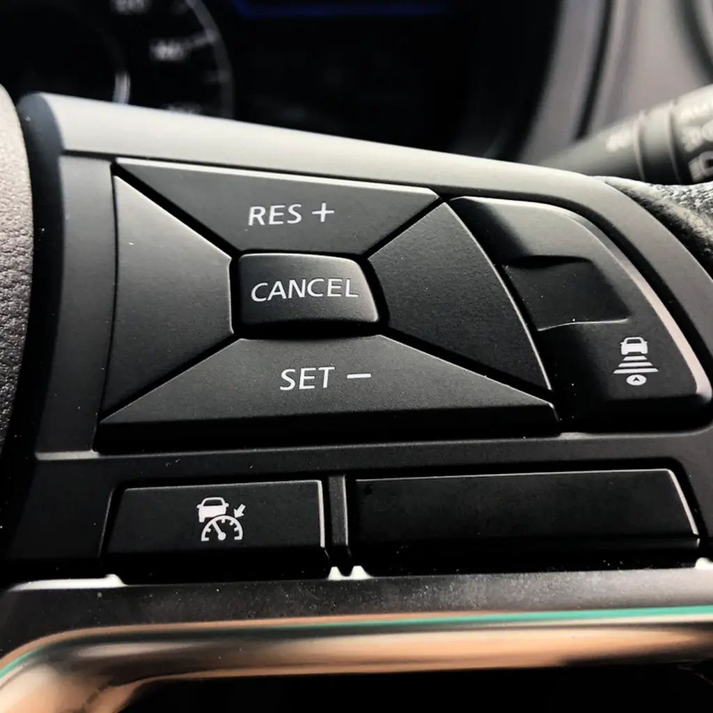 Cruise-control buttons on a Nissan Note e-POWER steering wheel.