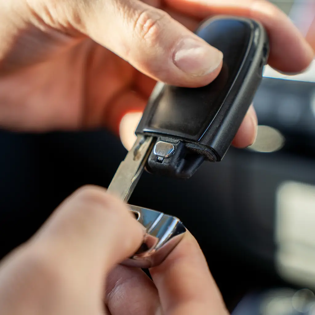 A hand handling a remote key and its removable mechanical backup key.