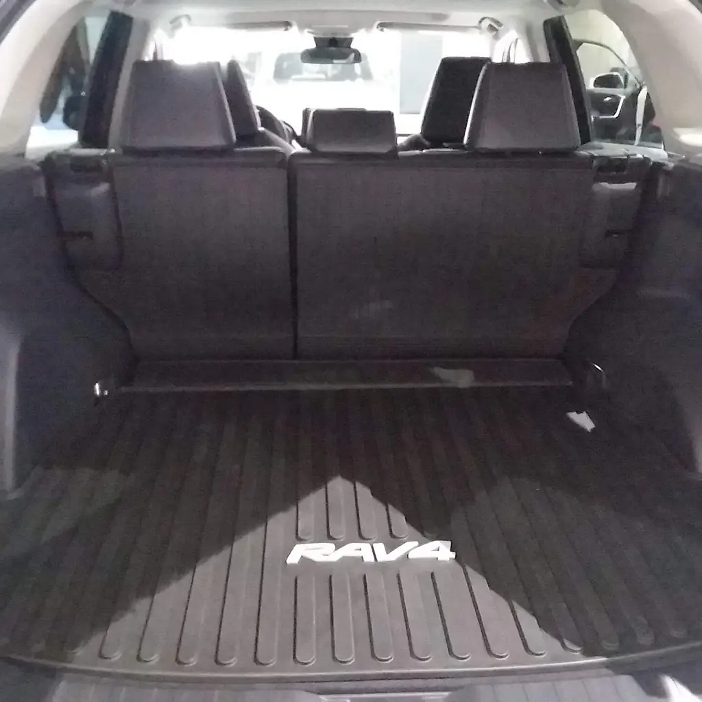 Rear cargo area and fitted floor mat in a 2019 fifth-generation Toyota RAV4.