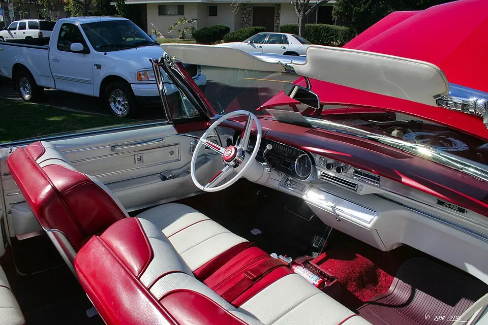 1966 Cadillac deVille convertible interior with a triangular vent pane